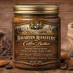 Close-up of smooth coffee infused peanut nut butter texture in a glass jar